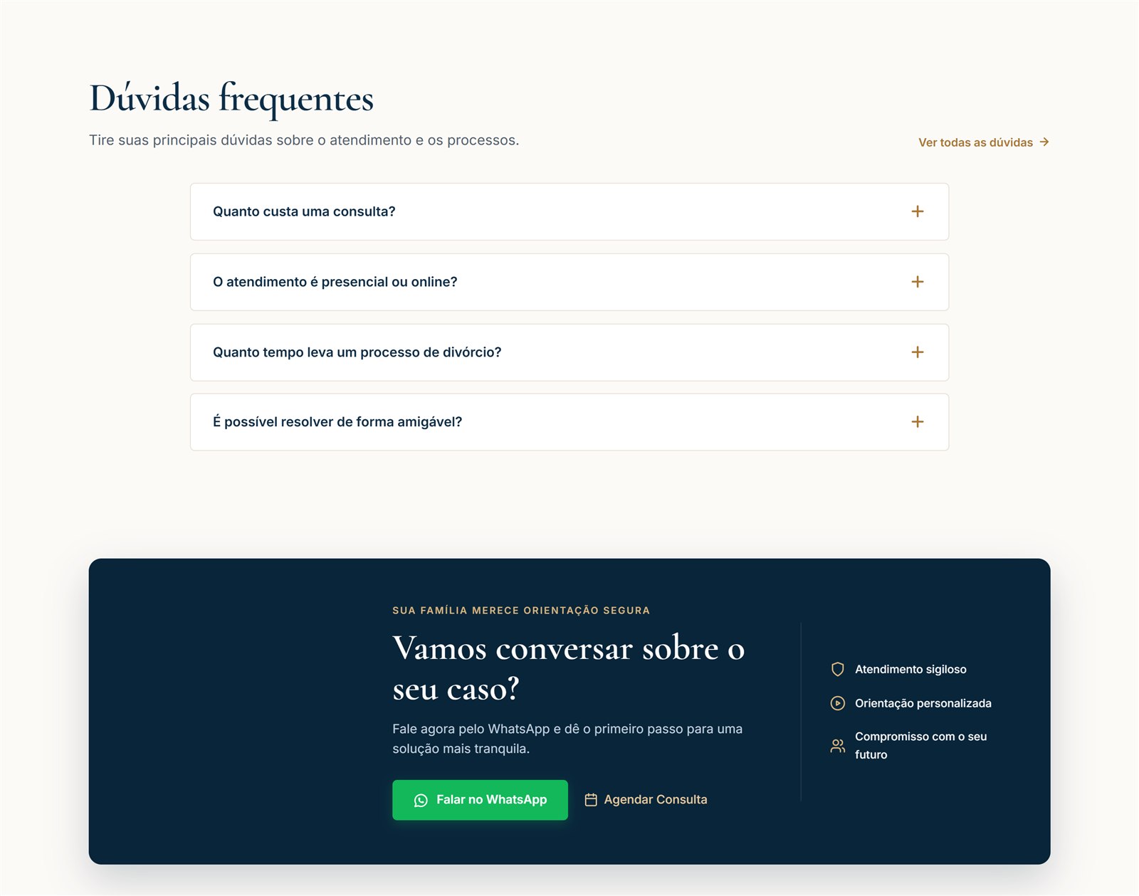 Perguntas frequentes e chamada final da landing page.