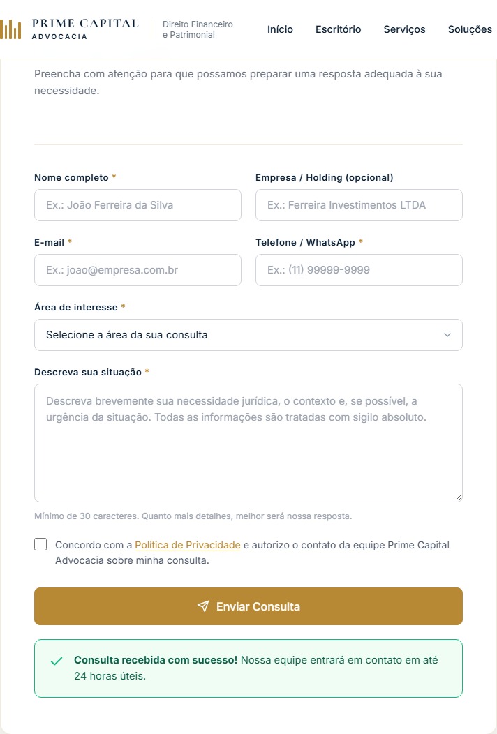 Formulário de contato da Prime Capital Advocacia.